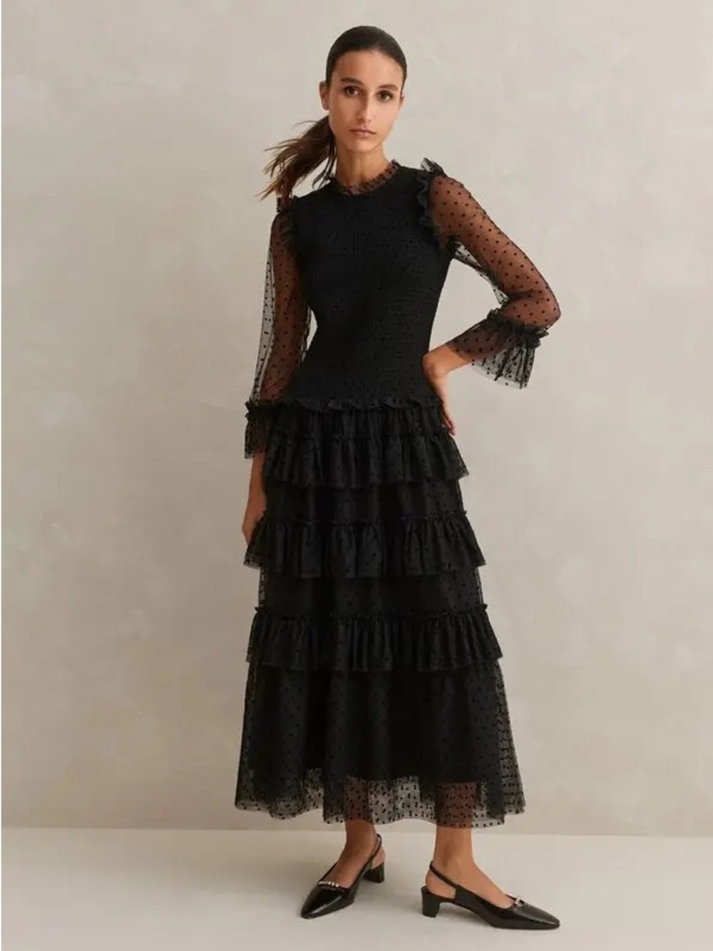 Me + Em Polka Dot Ruffle Maxi Dress in Black - 10